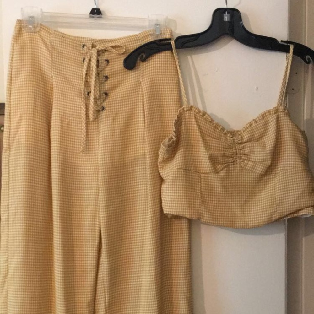 Gingham crop top with wide leg pants 2 piece set